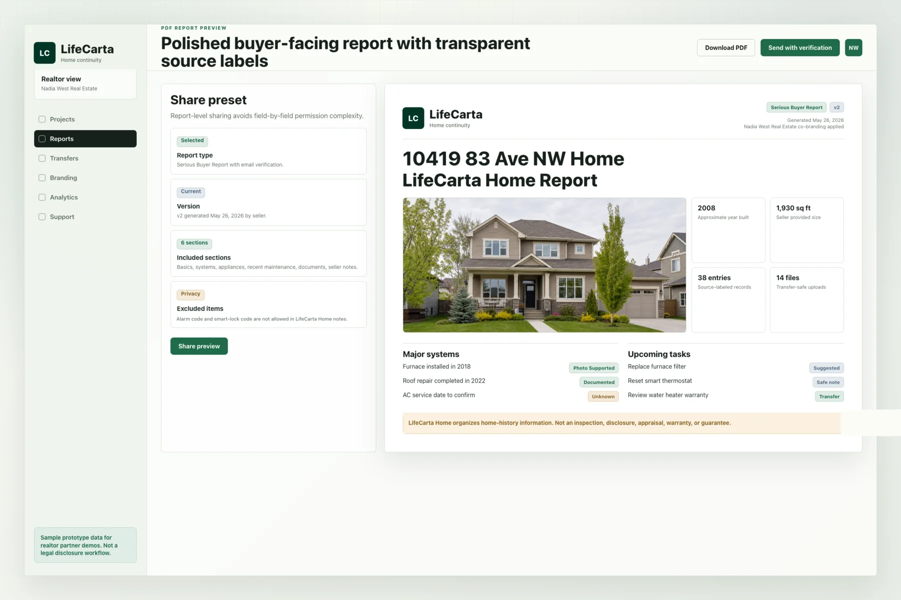 Preview of a LifeCarta Home report with property details and source labels.
